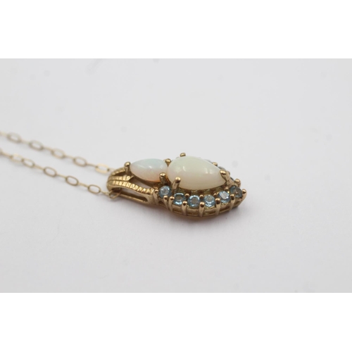 95 - 9ct gold opal & blue gemstone cluster pendant necklace (1.9g)