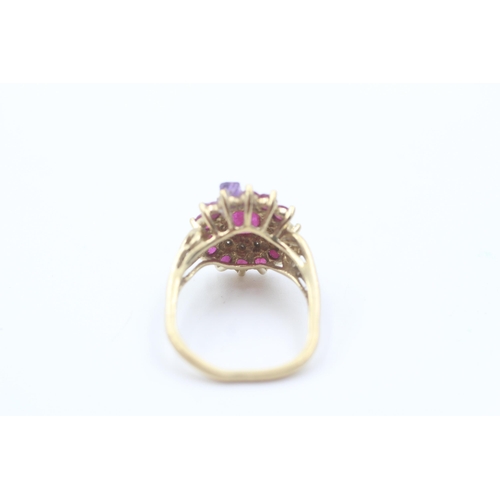 16 - 9ct gold glass filled ruby and diamond set cluster ring - size o (3.6g)