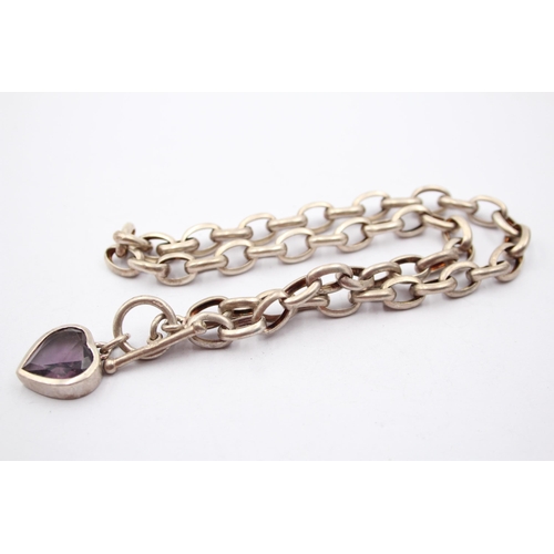 Genuine 925 Sterling Silver Open Heart Charm T-Bar Necklace - 18" Chain, Hallmarked, MILLANO