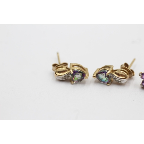 22 - 3 x yellow gold paired earrings inc. diamond, mystic topaz & amethyst (2.2g)