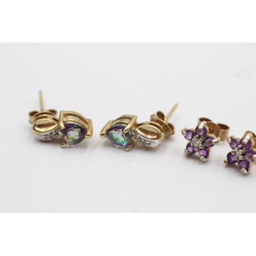 22 - 3 x yellow gold paired earrings inc. diamond, mystic topaz & amethyst (2.2g)