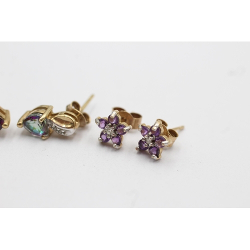 22 - 3 x yellow gold paired earrings inc. diamond, mystic topaz & amethyst (2.2g)