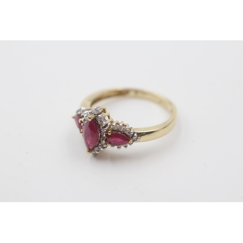 26 - 9ct gold glass filled ruby and diamond accent dress ring - size r (3g)