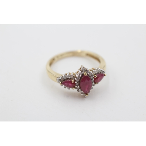 26 - 9ct gold glass filled ruby and diamond accent dress ring - size r (3g)