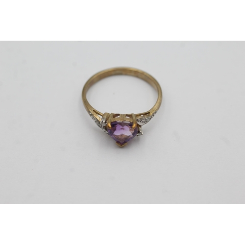 38 - 9ct gold amethyst heart ring with diamond shanks (2.1g) Size   N