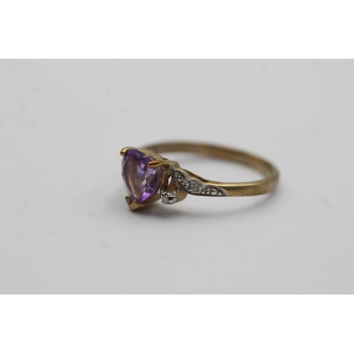 38 - 9ct gold amethyst heart ring with diamond shanks (2.1g) Size   N