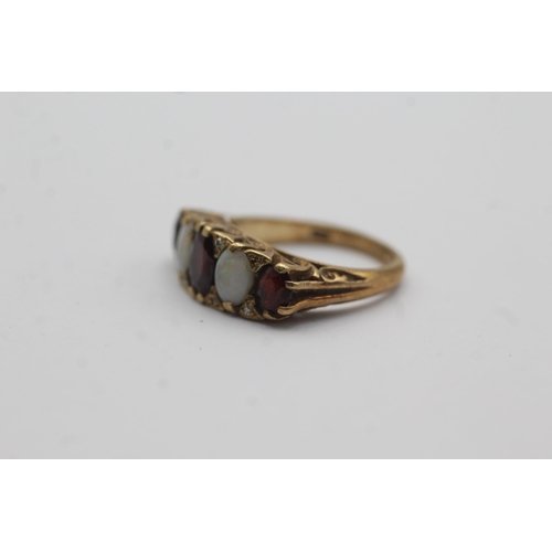 44 - 9ct gold garnet & opal five stone ring with diamond accents (4.5g) Size   N