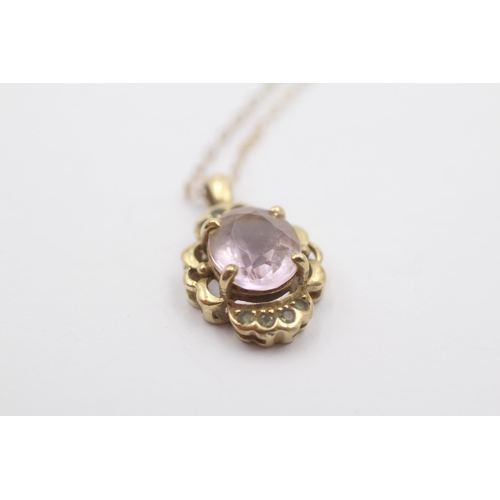 48 - 9ct gold amethyst & green gemstone pendant necklace (2.2g)