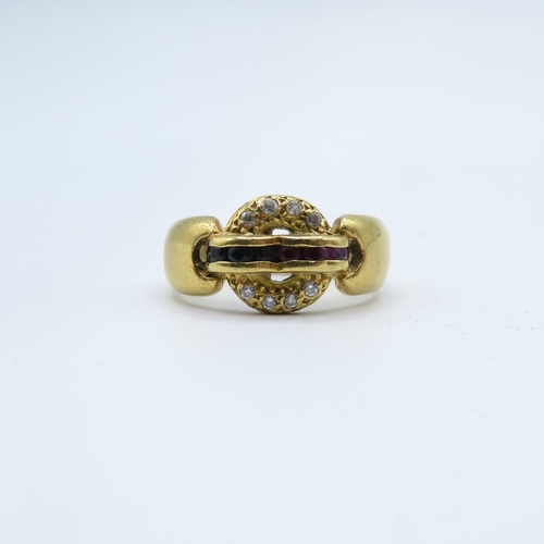 112 - Red gemstone and diamond 18ct gold ring  lock design  4.7g  size I