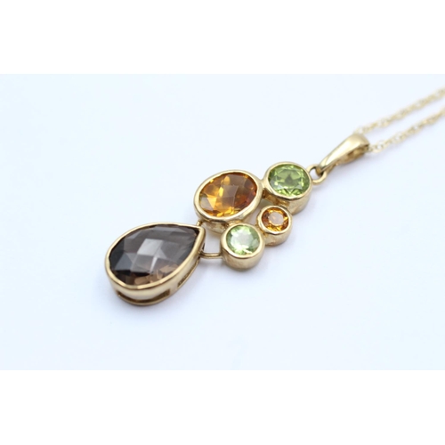 19 - 9ct gold chequer cut smokey quartz, citrine, and peridot set pendant necklace (3.4g)