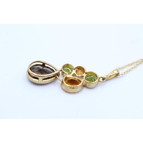 19 - 9ct gold chequer cut smokey quartz, citrine, and peridot set pendant necklace (3.4g)