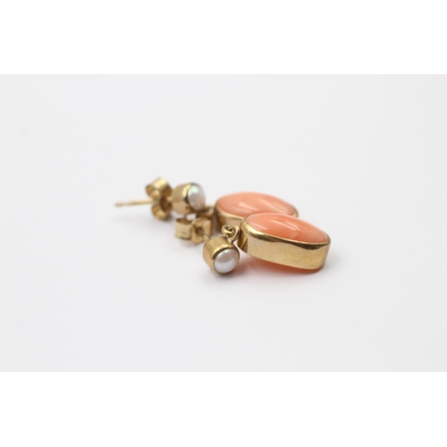 51 - 2 x 9ct gold paired coral drop and stud earrings inc. pearl (2.8g)