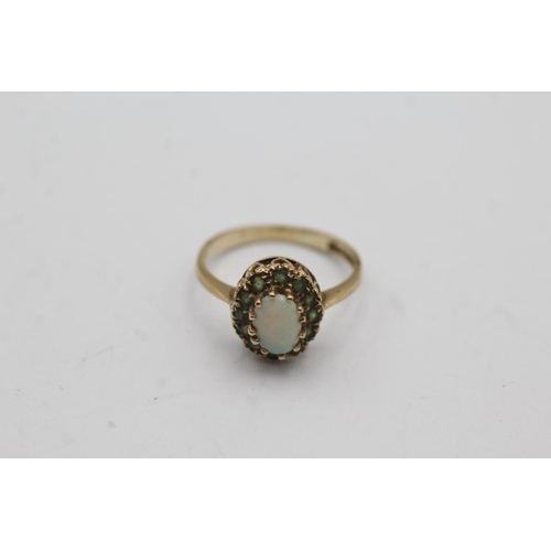 83 - 9ct gold vintage opal and emerald set cluster ring - size m1/2 (2.2g)