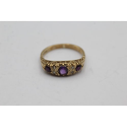 90 - 9ct gold vintage amethyst and diamond dress ring - size l (2.7g)