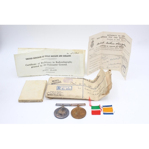 191 - WW1 Mercantile Marine Medal Pair w/ Box, Award Notice, Etc