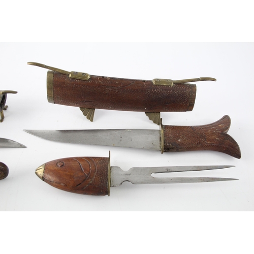 2 x Vintage/Antique Carving Knife Sets inc. Carved Wooden Casing, Fish