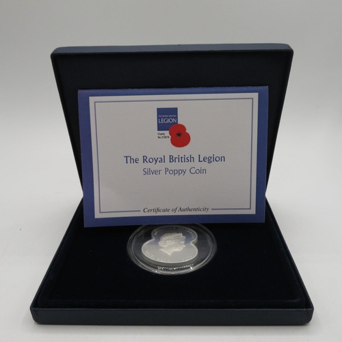 270 - Royal British Legion Silver Poppy coin with original box and paperwork Jersey £5.00 999 silver proof... 