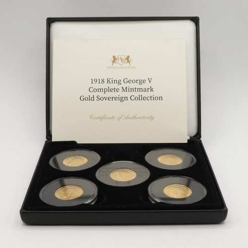 275 - Boxed complete 1918 King George V mint marked gold sovereign set 5 encapsulated gold full sovereigns... 