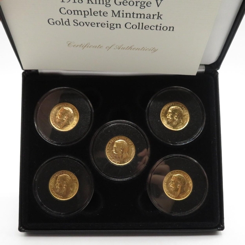 275 - Boxed complete 1918 King George V mint marked gold sovereign set 5 encapsulated gold full sovereigns... 