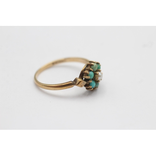 106 - 9ct gold antique turquoise & seed pearl halo ring (2.1g) size  M