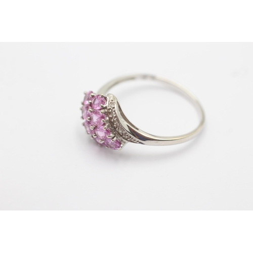 130 - 9ct white gold diamond and pink sapphire multi-row dress ring (2.7g) size  V