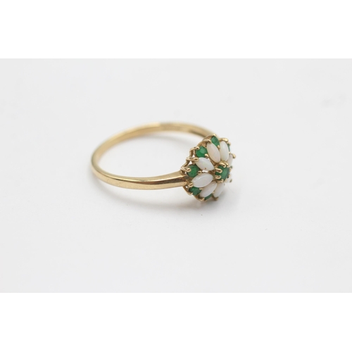 138 - 9ct gold opal & emerald halo ring (2.6g) size  V