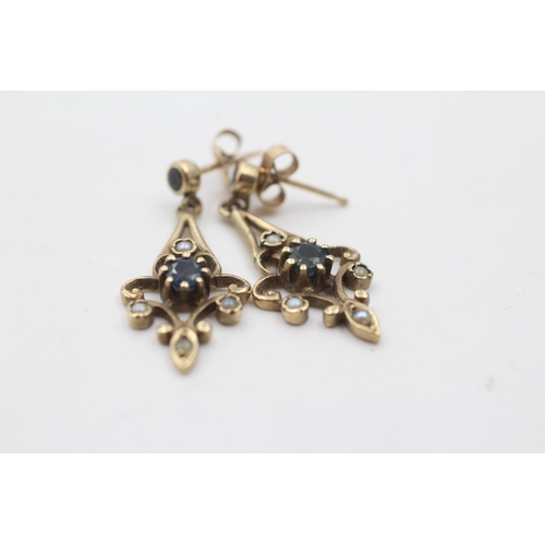 187 - 9ct gold antique sapphire & seed pearl drop earrings (3.2g)