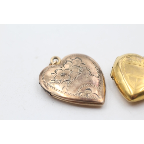 2 - 3 x 9ct back & front gold vintage etched heart lockets (13.9g)