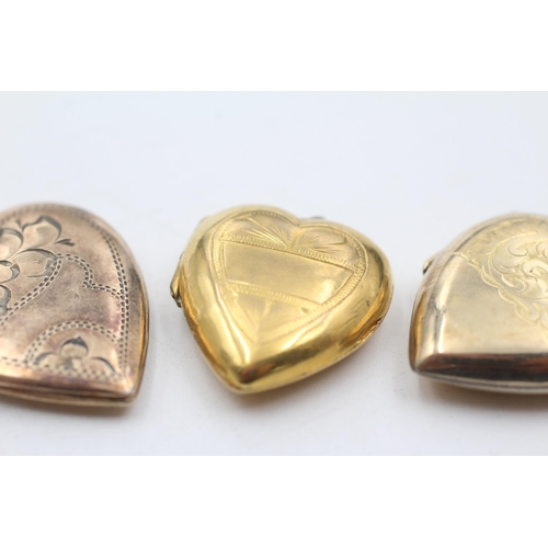 2 - 3 x 9ct back & front gold vintage etched heart lockets (13.9g)