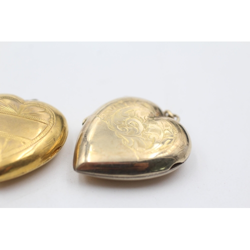 2 - 3 x 9ct back & front gold vintage etched heart lockets (13.9g)