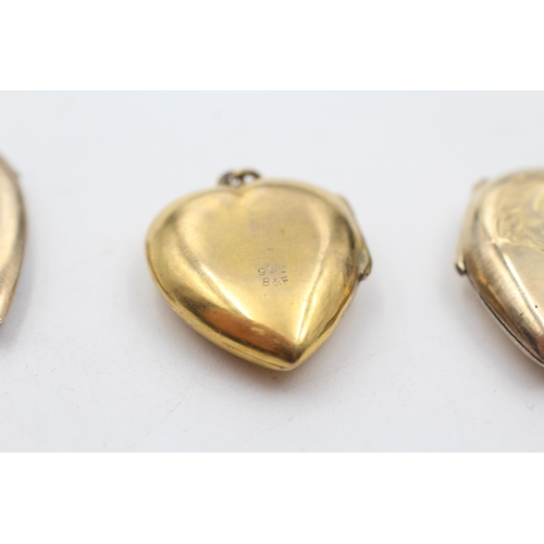 2 - 3 x 9ct back & front gold vintage etched heart lockets (13.9g)