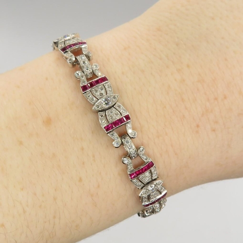 202 - 18ct white gold ruby and diamond bracelet from 1940s fully HM tight safety clasp in excellent condit... 