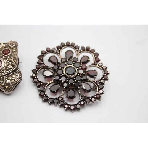 214 - 3 X .925 Gemstone Set Brooches Including Garnet And Marcasite