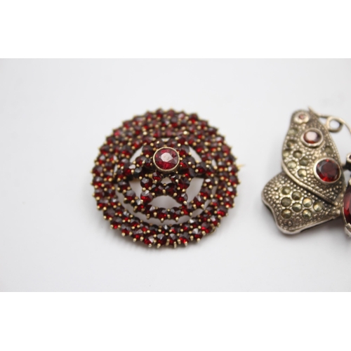 214 - 3 X .925 Gemstone Set Brooches Including Garnet And Marcasite