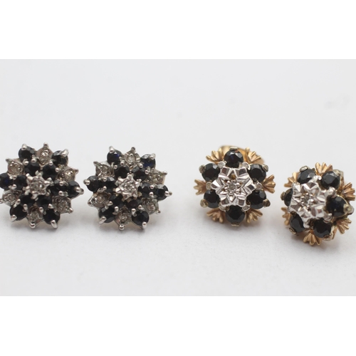 26 - 2 x 9ct gold sapphire and diamond cluster stud earrings (5.2g)