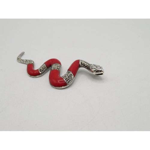 268 - Silver and coral with marcasite stones snake pendant 90mm long