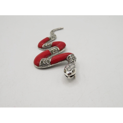 268 - Silver and coral with marcasite stones snake pendant 90mm long