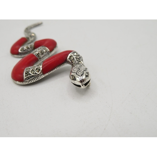 268 - Silver and coral with marcasite stones snake pendant 90mm long