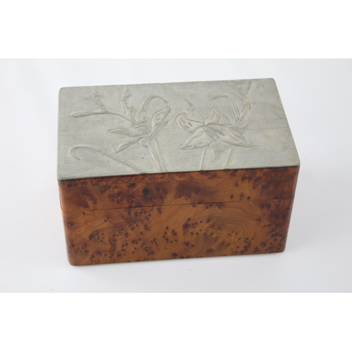 278 - Vintage Thuya Burled Wood Box w/ Pewter Floral Top Signed M. Santos