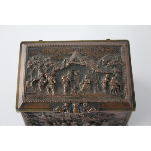 279 - Antique French Pastoral Scene Metal Box w/ Blue Inlay Stamped A B Paris on Rear