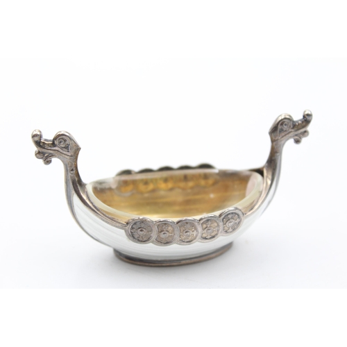 325 - Vintage .925 Norway STERLING SILVER Viking Boat Salt Dish w/ Spoon, Enamel (46g)