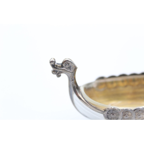 325 - Vintage .925 Norway STERLING SILVER Viking Boat Salt Dish w/ Spoon, Enamel (46g)