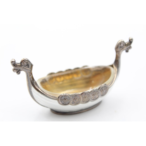 325 - Vintage .925 Norway STERLING SILVER Viking Boat Salt Dish w/ Spoon, Enamel (46g)