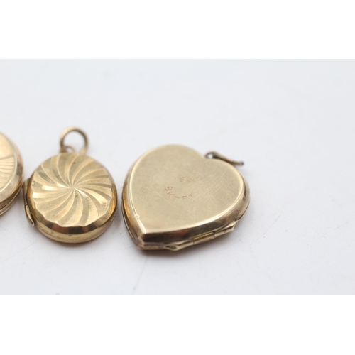 51 - 3 x 9ct gold back and front engraved lockets inc. round, heart (11g)