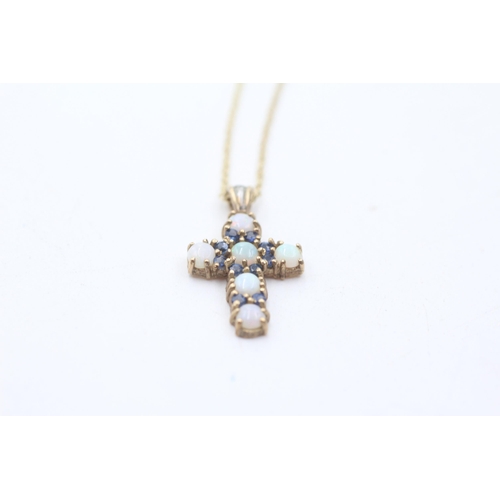 72 - 9ct gold vintage opal & sapphire cross pendant necklace (2.7g)