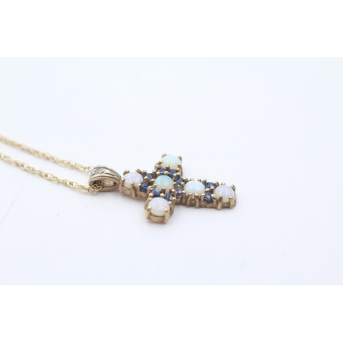 72 - 9ct gold vintage opal & sapphire cross pendant necklace (2.7g)