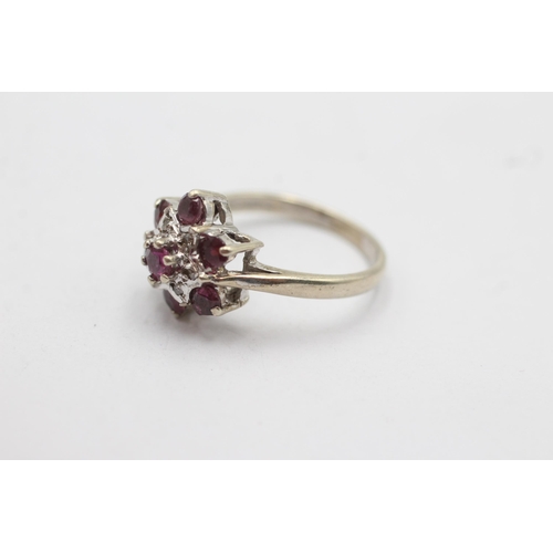 80 - 9ct gold diamond & ruby floral cluster ring (3.9g) size  N