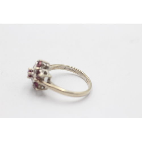 80 - 9ct gold diamond & ruby floral cluster ring (3.9g) size  N