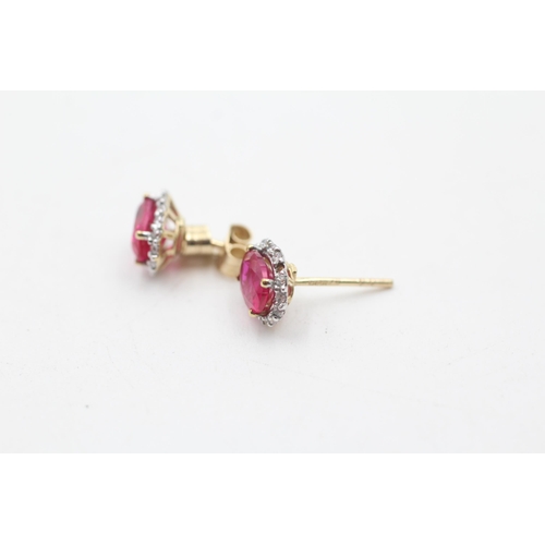 82 - 9ct gold diamond & synthetic ruby stud earrings - as seen (1.3g)