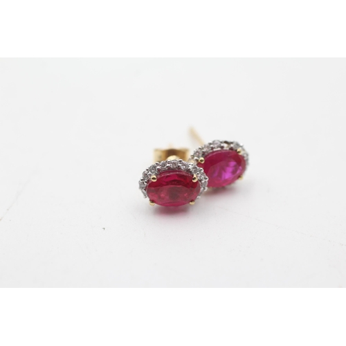 82 - 9ct gold diamond & synthetic ruby stud earrings - as seen (1.3g)